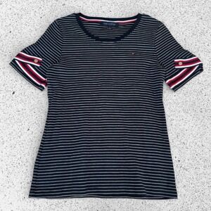 Tommy Hilfiger Womens Medium Navy Blue Striped Short Sleeve Nautical T-Shirt
